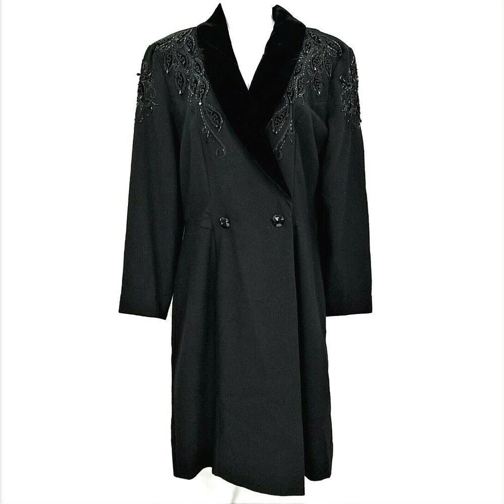 Nancy Johnson Coat Dress Wrap Vintage Black Wool Size S M Beaded Dressy Cocktail